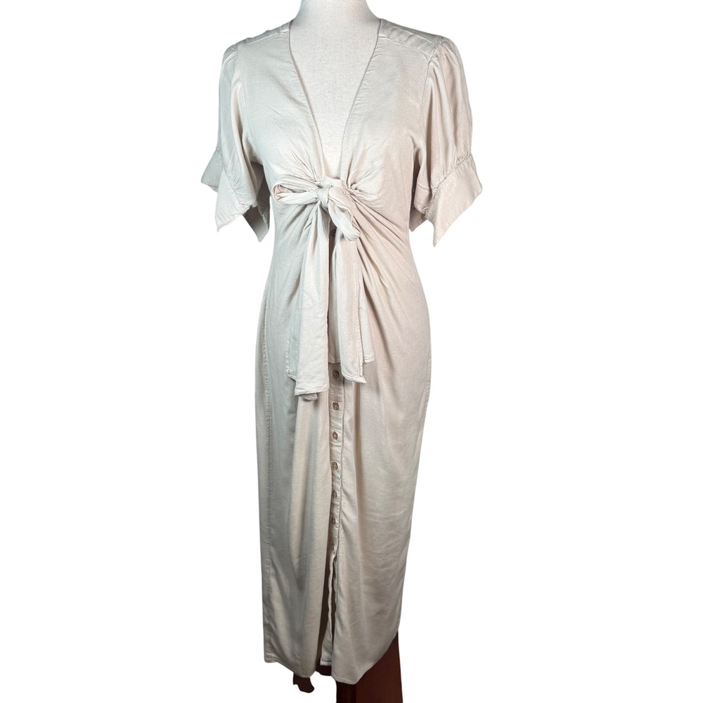 Free People Tie Front Maxi Dress Womens S Beige Linen Boho Cottagecore Neutral